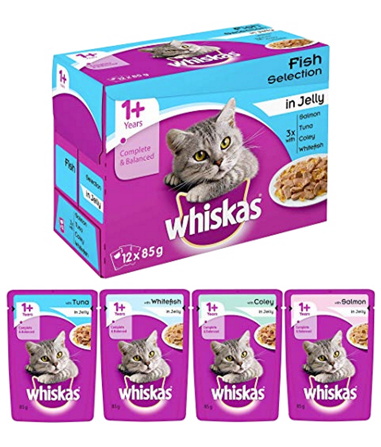 Whiskas Pouches Cat Food Fish Selection in Jelly Salmon, Tuna, Coley and Whitefish 12x100gm